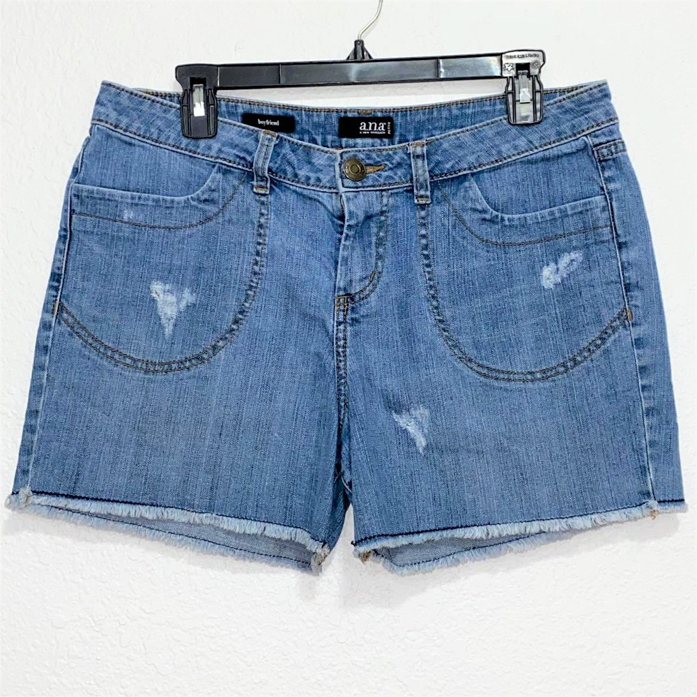a.n.a. Petite Women's Boyfriend Distressed Raw Hem Denim Shorts, Blue, Size 10P